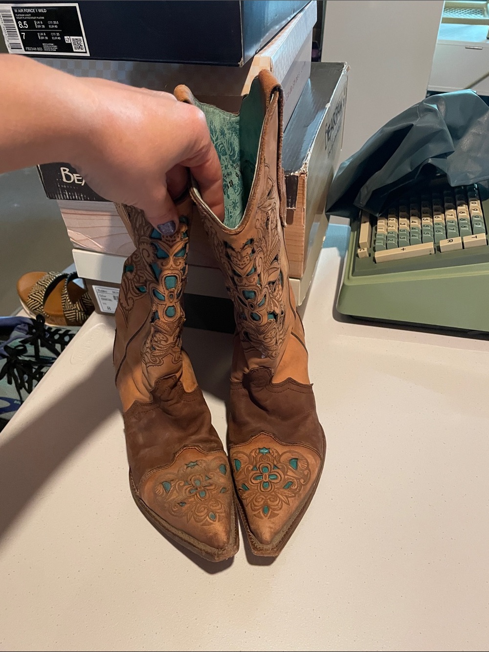 Western-Inspired Two-Tone Brown Pointed Toe Heeled Boots with Turquoise Inlay